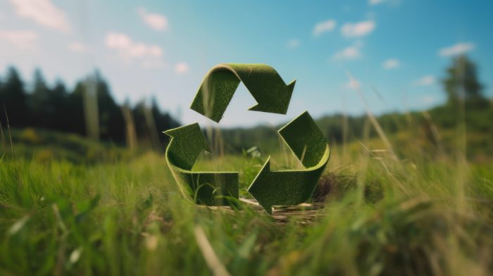 Recycle symbol on the green grass, sustainable and eco environment concept. Generative AI.